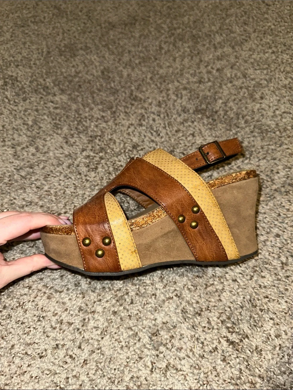 Pierre Dumas Two-Tone Tan and Brown Wedge Sandals